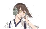  ahn brown_hair headphones headset japanese_clothes kaga_(kantai_collection) kantai_collection microphone side_ponytail yellow_eyes 