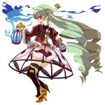  1girl ass breasts drill_hair frilled_sleeves frills full_body green_hair high_heels holding key lantern long_hair long_sleeves mota no_pants pink_eyes profile puffy_sleeves simple_background solo thigh-highs transparent_background twintails very_long_hair 