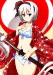  1girl bikini blue_bikini blue_eyes blush collarbone flat_chest front-tie_top hairband hitodama japanese_clothes katana kimono konpaku_youmu konpaku_youmu_(ghost) looking_at_viewer navel open_clothes open_kimono sazanami_mio scabbard sheath short_hair side-tie_bikini silver_hair solo swimsuit sword touhou weapon 