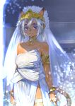  1girl animal_ears armlet bracelet breasts bridal_veil cat_ears cat_tail cleavage commentary_request dappled_sunlight dark_skin doraeshi dress facial_mark final_fantasy final_fantasy_xi grey_eyes highres jewelry light_smile mithra neck_ring short_hair silver_hair smile solo strapless sunlight tail tail_ornament tiara veil very_short_hair wedding_dress white_dress 