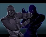  1boy blue_background gloves mask mortal_kombat ninja noob_saibot shadow shiemasu solo white_eyes 