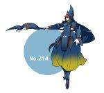  blue_hair blue_shoes gloves hat heracross highres holding_weapon momosiro number personification pokemon shoes shoulder_spikes simple_background spikes staff white_gloves 