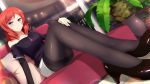  1girl alternate_costume bangs bare_shoulders black_legwear black_shoes blurry bokeh building city_lights closed_mouth couch depth_of_field dutch_angle from_below glass hand_on_own_knee high_heels highres indoors lens_flare looking_at_viewer love_live!_school_idol_project miniskirt musaceae night nishikino_maki off-shoulder_shirt pantyhose pencil_skirt pillow plant potted_plant redhead shirt shoes short_over_long_sleeves sitting skirt sliding_doors smile solo swept_bangs thighband_pantyhose tile_floor tiles towel violet_eyes white_skirt xiao_ren 