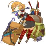  1girl armlet bright_pupils garter_straps green_eyes hair_ornament hairclip looking_back luggage midriff mota mouth_hold orange_hair short_hair simple_background skirt sleeveless solo striped striped_legwear sword thigh-highs too_many transparent_background umbrella vertical-striped_legwear vertical_stripes weapon 