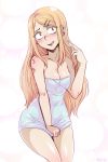  1girl blush breasts brown_hair cleavage contrapposto dagashi_kashi earrings endou_saya_(dagashi_kashi) fang jewelry long_hair multiple_piercings naked_towel pointing pointing_at_self simple_background solo spewing_mews towel towel_pull 