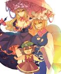  3girls animal_ears arms_at_sides blonde_hair breasts brown_hair bura cat_ears cat_tail chen cleavage dress elbow_gloves fox_tail gloves hair_between_eyes hand_on_another&#039;s_head hat hat_ribbon highres large_breasts long_hair long_sleeves looking_at_another mob_cap multiple_girls multiple_tails open_mouth parasol pillow_hat puffy_long_sleeves puffy_sleeves purple_dress red_dress ribbon short_hair tabard tail touhou umbrella violet_eyes wavy_hair white_dress white_gloves wide_sleeves yakumo_ran yakumo_yukari yellow_eyes zun_hat 