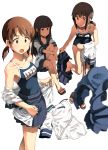  3girls :o bangs bare_shoulders black_eyes black_hair blue_skirt blunt_bangs breasts brown_eyes brown_hair clothes_on_floor clothes_writing collared_shirt fubuki_(kantai_collection) hatsuyuki_(kantai_collection) kantai_collection leg_hug leg_up long_hair low_ponytail low_twintails multiple_girls name_tag one-piece_swimsuit open_mouth parted_bangs pleated_skirt ponytail sailor_collar sakura_(medilore) sandals school_swimsuit school_uniform serafuku shirayuki_(kantai_collection) shirt short_hair short_ponytail simple_background sitting skirt small_breasts swimsuit swimsuit_under_clothes twintails undressing uniform white_background 