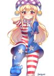  1girl american_flag_legwear american_flag_shirt arm_behind_back ass_visible_through_thighs blonde_hair blush clownpiece collar feet frilled_collar frills from_below hat highres jester_cap leg_up long_hair looking_at_viewer pantyhose papo parted_lips polka_dot red_eyes short_sleeves simple_background solo standing_on_one_leg touhou white_background 
