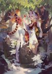  1girl :d animal flower forest hand_on_own_stomach horns japanese_clothes lamier lemur long_hair nature open_mouth orange_eyes pantyhose pointy_ears red_eyes sitting smile tail traditional_clothes tree white_hair wide_sleeves 