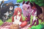  3girls :d ahoge black_hair claws closed_eyes crossover cyclops demon_wings extra_eyes fang floating gazer_(monster_girl_encyclopedia) grass grey_skin hair_ornament hairclip horn jabberwock_(monster_girl_encyclopedia) l4no lamia long_hair miia_(monster_musume) monster_girl monster_girl_encyclopedia monster_musume_no_iru_nichijou multiple_girls navel one-eyed open_mouth outdoors picnic picnic_basket pointy_ears purple_hair red_eyes redhead scales sky smile tree very_long_hair wings yellow_sclera 