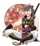  1boy armor brown_hair fire_emblem fire_emblem_if hinata_(fire_emblem_if) japanese_armor katana minato_(robin) open_mouth ponytail scar simple_background sitting solo sword weapon white_background 
