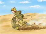  1girl animal_ears brown_hair cable clouds cover_image desert dust_cloud helmet highres long_hair military military_uniform mouse_ears open_mouth original running sand sky smile solo strike_witches striker_unit tail tsuchi_to_abura uniform wire wire_spool 