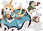  3girls :d armor blonde_hair blue_eyes breastplate brown_eyes charlotta_(granblue_fantasy) cloak crown dress gauntlets granblue_fantasy greaves hood horns kumuyu long_hair minigob muku_(muku-coffee) multiple_girls open_mouth planted_sword planted_weapon pointy_ears silver_hair smile staff star starry_background sword very_long_hair weapon 