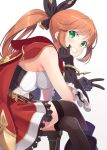  1girl bare_shoulders black_gloves black_legwear blush bracelet brown_hair cape clarisse_(granblue_fantasy) commentary_request crossed_legs gloves granblue_fantasy green_eyes grin hair_ribbon hyuuga_azuri jewelry long_hair looking_at_viewer ponytail ribbon sitting skirt smile solo thigh-highs v 