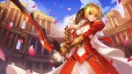  1girl blonde_hair dress epaulettes fate/extra fate/grand_order fate_(series) green_eyes highres long_hair red_dress saber_extra solo yuki_(clydtc) 