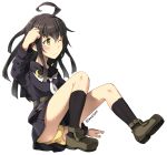  1girl ahoge belt black_hair black_legwear black_serafuku kantai_collection kneehighs long_hair long_sleeves mikazuki_(kantai_collection) neckerchief on_floor one_eye_closed panties sakura_(medilore) school_uniform serafuku shoes simple_background sitting skirt solo tears twitter_username underwear uniform white_background yellow_eyes yellow_panties 