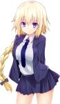  1girl arms_behind_back blonde_hair blush braid breasts casual fate/apocrypha fate/grand_order fate_(series) jacket large_breasts long_hair looking_at_viewer necktie ruler_(fate/apocrypha) sen_(astronomy) simple_background skirt smile solo white_background 