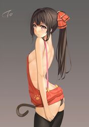  1girl between_legs black_hair black_legwear blush bow breasts cat_tail cowboy_shot hair_bow high_ponytail highres long_hair looking_at_viewer looking_back mr.tendou red_eyes sideboob solo strap_gap suspenders tail tail_between_legs thigh-highs 