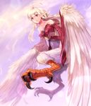 1girl ahoge feathered_wings harpy highres japanese_clothes kimono long_hair monster_girl open_mouth original pointy_ears solo talons tk2k_jade violet_eyes white_hair wings 