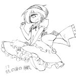  1girl bangs blunt_bangs blush bow cyclops dress dress_tug frilled_dress frills frown hairband monochrome one-eyed open_mouth original puffy_short_sleeves puffy_sleeves shawl shima_(sh1mamu) short_sleeves simple_background sketch tears white_background 