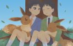  2boys black_hair black_necktie blue_jacket blue_shorts blue_sky blush blush_stickers brown_shorts character_request collared_shirt day eevee fullmetal_alchemist grass green_jacket jacket long_sleeves looking_at_another necktie nin_(female) orange_necktie petals pokemon pokemon_(creature) selim_bradley shirt short_hair shorts siblings sitting_on_ground size_difference sky sleeping smile solo tree twins white_legwear white_shirt 