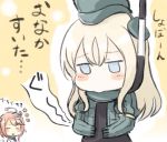  2girls ahoge blonde_hair blue_eyes blush_stickers closed_eyes commentary_request engiyoshi garrison_cap hat i-58_(kantai_collection) kantai_collection long_hair multiple_girls pink_hair pout school_uniform serafuku short_hair stomach_growling translation_request u-511_(kantai_collection) 