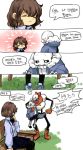  2boys 5koma :3 alternate_costume androgynous armor black_sclera blush boots brown_hair closed_eyes collared_shirt comic frisk_(undertale) grin highres hood hoodie korean koyashaka59 leggings mittens multiple_boys papyrus_(undertale) ribbon sans scarf shirt shoes shorts sitting skeleton skirt slippers smile suspenders tagme translation_request turtleneck undertale white_eyes 