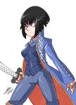  1girl bigdead93 black_hair blue_eyes breasts crossdressinging devil_may_cry eyebrows eyebrows_visible_through_hair fingerless_gloves gloves hand_on_hilt highres katana kill_la_kill kiryuuin_satsuki long_coat long_hair nose sheath sheathed short_hair solo spoilers sword thick_eyebrows vergil vergil_(cosplay) weapon white_background 