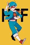  1boy bandana blue_hair copyright_name happy_tree_friends jacket male_focus nekohito open_clothes open_jacket pants pants_rolled_up personification red_eyes shirt shoes simple_background smile sneakers solo splendid t-shirt track_suit yellow_background 