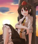  1girl brown_hair clouds floral_print hat highres hiro_(pqtks113) in_tree open_mouth pointy_ears red_eyes shameimaru_aya shirt sitting sitting_in_tree skirt sky smile solo sunset tokin_hat touhou tree 