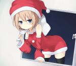  1girl bare_shoulders blanc blue_eyes blush brown_hair christmas detached_sleeves hat highres neptune_(series) sack santa_costume santa_hat short_hair smile solo 