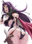  1girl ass black_gloves blue_eyes blush breasts cape circlet dagger gloves highres jewelry large_breasts long_hair looking_back naga_the_serpent open_mouth purple_hair simple_background slayers smile solo spikes tea_(nakenashi) weapon white_background 