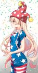  1girl american_flag_legwear american_flag_shirt blonde_hair blush clownpiece collar cowboy_shot frilled_collar frills from_side hat jester_cap long_hair pantyhose polka_dot pt red_eyes revision short_sleeves simple_background smile solo standing star touhou very_long_hair 