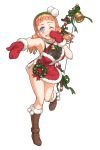  1girl aqua_eyes artist_request bangs bell blunt_bangs boots breasts character_request christmas_wreath cleavage full_body hairband highres himeou_to_saigo_no_kishidan large_breasts long_hair mistletoe mittens official_art open_mouth orange_hair outstretched_arm santa_costume see-through simple_background sleeveless solo white_background 