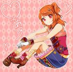  1girl aikatsu! bare_shoulders blush boots bow brown_hair earrings gloves jewelry long_hair looking_at_viewer necklace one_side_up oozora_akari red_eyes short_hair sitting skirt smile solo tarachine white_gloves 