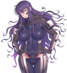  1girl bodysuit breasts character_request covered_navel curly_hair large_breasts long_hair purple_hair raised_eyebrow red_eyes simple_background solo takasugi_kou thigh_gap very_long_hair white_background 