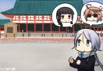  3girls ahoge alternate_costume braid coat commentary dated flying_sweatdrops hamu_koutarou i-58_(kantai_collection) kantai_collection kitakami_(kantai_collection) multiple_girls overcoat scarf silver_hair spoken_character sunglasses umikaze_(kantai_collection) 