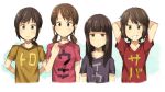  4girls alternate_costume arms_behind_back arms_behind_head arms_up bangs black_hair brown_eyes brown_hair collarbone fubuki_(kantai_collection) green_eyes kantai_collection long_hair looking_at_viewer low_ponytail low_twintails miyuki_(kantai_collection) multiple_girls parted_bangs ponytail sakura_(medilore) shirayuki_(kantai_collection) shirt short_hair short_sleeves smile translation_request twintails upper_body 