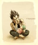  1boy 1girl aqua_hair baby barefoot black_eyes black_hair bra_(dragon_ball) character_name chin_rest dragon_ball dragon_ball_z father_and_daughter flower full_body hair_flower hair_ornament highres indian_style muscle sitting spiky_hair tank_top uirina vegeta widow&#039;s_peak 