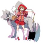  basket battle_axe blonde_hair blue_eyes braid breasts chain cleavage cleavage_cutout clover collar fangs four-leaf_clover glasses highres hood large_breasts leash little_red_riding_hood little_red_riding_hood_(grimm) looking_at_viewer masao original scar scar_across_eye shirt short_sleeves single_braid skirt wolf 