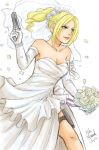  1girl alternate_costume bare_shoulders blue_eyes bouquet braid breasts bridal_veil cleavage dress earrings flower french_braid gloves gun hair_flower hair_ornament handgun highres holster jewelry lips namco nina_williams noh_masked pistol side_slit solo strapless strapless_dress tekken tekken_7 thigh_holster veil weapon wedding_dress white_gloves 