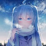  1girl ahoge aqua_eyes aqua_hair blush breath hatsune_miku long_hair looking_at_viewer mimengfeixue outdoors parted_lips scarf sky snowing solo star_(sky) starry_sky twilight twintails vocaloid 