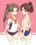  2girls :d arm_behind_back ayanami_(kantai_collection) brown_eyes brown_hair character_name cosplay hair_ribbon i-401_(kantai_collection) i-401_(kantai_collection)_(cosplay) kantai_collection kawata_hisashi long_hair looking_at_viewer looking_back multiple_girls open_mouth ponytail ribbon sailor_collar school_swimsuit shikinami_(kantai_collection) short_hair side_ponytail smile swimsuit swimsuit_pull swimsuit_under_clothes thigh-highs white_legwear 
