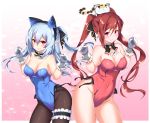  2girls animal animal_ears animal_on_head bare_shoulders black_legwear blush breasts cat cat_ears cat_on_head character_request cleavage covered_navel dandou detached_collar fake_animal_ears gloves hair_ribbon highres large_breasts leg_garter leotard long_hair looking_at_viewer multiple_girls pantyhose phantasy_star phantasy_star_online_2 pink_eyes pointy_ears ponytail red_eyes redhead ribbon silver_hair smile twintails white_gloves 