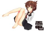  1girl barefoot brown_eyes brown_hair folded_ponytail hands_on_own_chest highres inazuma_(kantai_collection) kantai_collection legs long_hair looking_at_viewer nahoyoshi school_uniform serafuku sidelocks skirt solo white_background 