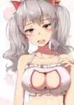  1girl animal_ears blush bra breasts cat_cutout cat_ears cat_keyhole_bra cat_lingerie cleavage cleavage_cutout close-up commentary_request grey_eyes highres kantai_collection kashima_(kantai_collection) large_breasts long_hair looking_at_viewer sakamoto-cat sidelocks silver_hair solo tsurime twintails underwear underwear_only upper_body wavy_hair white_bra 