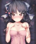  1girl babydoll bai_yemeng black_hair blush bow breasts burn_scar cleavage collarbone dorei_to_no_seikatsu_~teaching_feeling~ grey_eyes hair_bow hair_ornament hairclip heart heart-shaped_pupils looking_at_viewer lying on_back smile solo strap_slip sylvie_(dorei_to_no_seikatsu) symbol-shaped_pupils upper_body wavy_mouth 