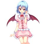  1girl :d bat_wings blue_hair bow bowtie collar cowboy_shot dress eyebrows eyebrows_visible_through_hair eyelashes fang frilled_dress frills hair_between_eyes head_tilt junior27016 looking_at_viewer open_mouth pink_dress pointy_ears puffy_short_sleeves puffy_sleeves red_bow red_bowtie red_eyes red_ribbon remilia_scarlet ribbon short_hair short_sleeves simple_background smile solo spikes tareme tooth touhou vampire white_background wings wrist_cuffs 