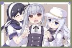  3girls ^_^ black_hair blue_eyes blush brown_eyes closed_eyes danbo_(rock_clime) dress grey_hair hammer_and_sickle hat hibiki_(kantai_collection) interlocked_fingers kantai_collection kasumi_(kantai_collection) long_hair multiple_girls open_mouth remodel_(kantai_collection) school_uniform serafuku side_ponytail silver_hair skirt smile star upper_body ushio_(kantai_collection) verniy_(kantai_collection) 