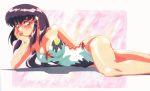  1girl 90s artist_request blush breasts chin_rest long_hair lying masaki_aeka_jurai official_art on_side one-piece_swimsuit pink_background purple_hair red_eyes solo swimsuit tenchi_muyou! 
